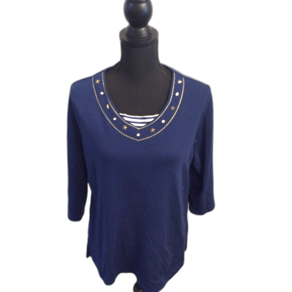 Quacker Factory Medium M Blue Nautical Sailor 3/4 Sleeve Top